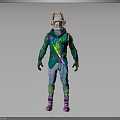 Futuristic Character In Green Armor With Colorful Accents And Mythical Creature Companion