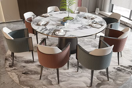 New Chinese Dining Table and Chair Round Dining Table Dining Chair Single Chair Background Wall 3d model