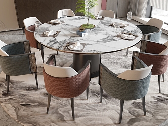 New Chinese Dining Table and Chair Round Dining Table Dining Chair Single Chair Background Wall 3d model