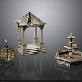 Ornate Gazebo with Columns and Tiered Fountain Featuring Decorative Sphere on Dark Surface with Reflections