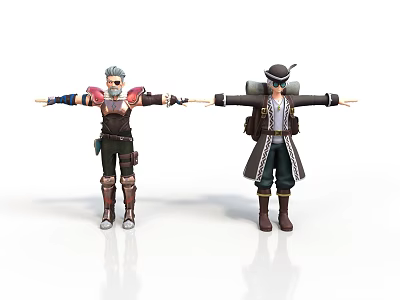 Two 3D Characters Arms Outstretched Gray Hair Brown Red Outfit Hat Dark Coat Backpack 3d model