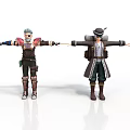 Two 3D Characters Arms Outstretched Gray Hair Brown Red Outfit Hat Dark Coat Backpack
