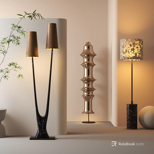 Modern Floor Lamps In Different Styles With Metallic Finish Textured Shades And Green Plant 3d model 