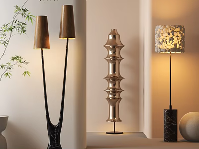 Modern Floor Lamps In Different Styles With Metallic Finish Textured Shades And Green Plant 3d model