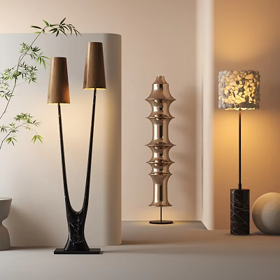 Modern Floor Lamps In Different Styles With Metallic Finish Textured Shades And Green Plant 3d model