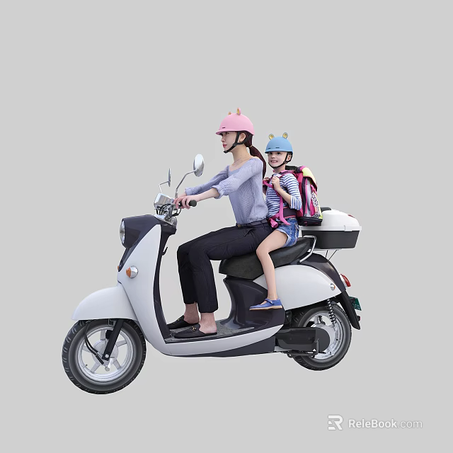 Mother and Child Riding White Electric Scooter Wearing Helmets Together 3d model 