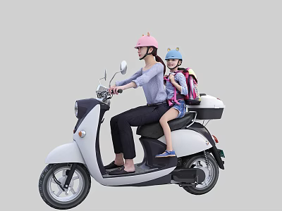 Mother and Child Riding White Electric Scooter Wearing Helmets Together 3d model