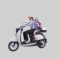 Mother and Child Riding White Electric Scooter Wearing Helmets Together