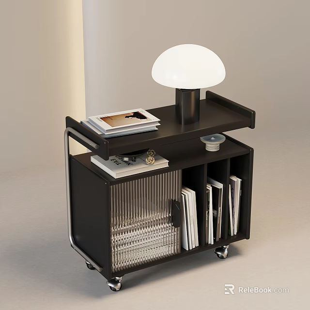 Modern Black Side Table With Rolling Wheels White Lamp And Magazine Storage 3d model