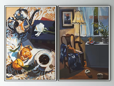 Two Colorful Paintings Featuring Still Life With Teapot Oranges And Indoor Scene With Lamp Chair 3d model