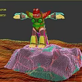 Animated Game Movie Character Red Yellow Robot Standing On Volcano With Magma