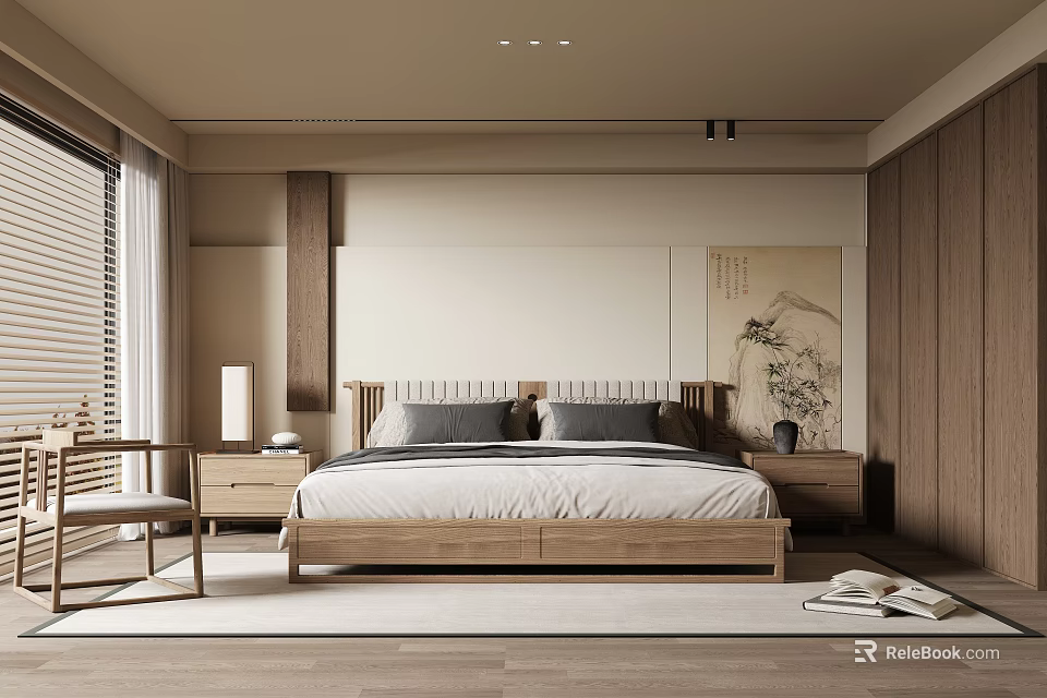 Minimalist Japanese Bedroom Interior With Wooden Bed Nightstand And Decorative Painting 3d model 