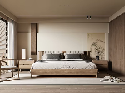 Minimalist Japanese Bedroom Interior With Wooden Bed Nightstand And Decorative Painting 3d model