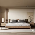 Minimalist Japanese Bedroom Interior With Wooden Bed Nightstand And Decorative Painting