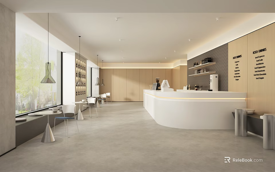 Modern Bubble Tea Shop Interior With White Counter Wooden Cabinets Hanging Lights And Window Seats 3d model 