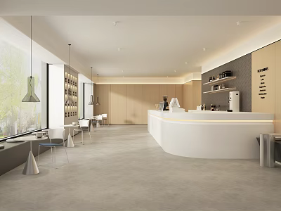 Modern Bubble Tea Shop Interior With White Counter Wooden Cabinets Hanging Lights And Window Seats 3d model