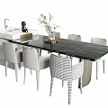 Modern Dining Table Set With Black Marble Tabletop Chairs Island Counter Sink Decorative Vase Plants