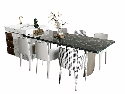 Modern Dining Table Set With Black Marble Tabletop Chairs Island Counter Sink Decorative Vase Plants 3d model