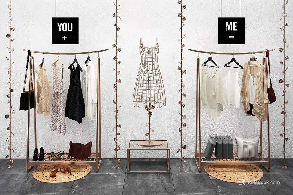 Modern Clothing Display Rack with Hanging Apparel Bags Shoes Decorative Plants and Black White Labels 3d model 