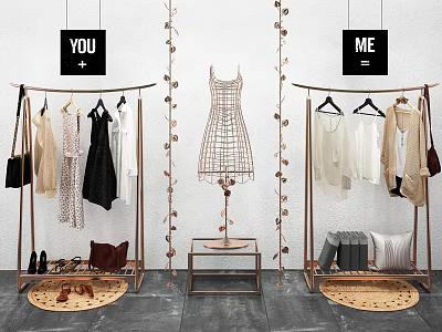 Modern Clothing Display Rack with Hanging Apparel Bags Shoes Decorative Plants and Black White Labels 3d model