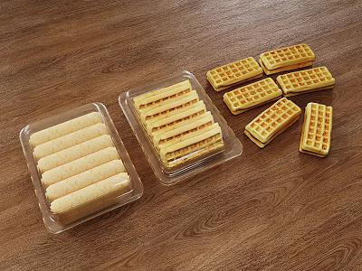 Delicious Waffle Pastries And Wafer Rolls In Transparent Containers On Wooden Surface 3d model