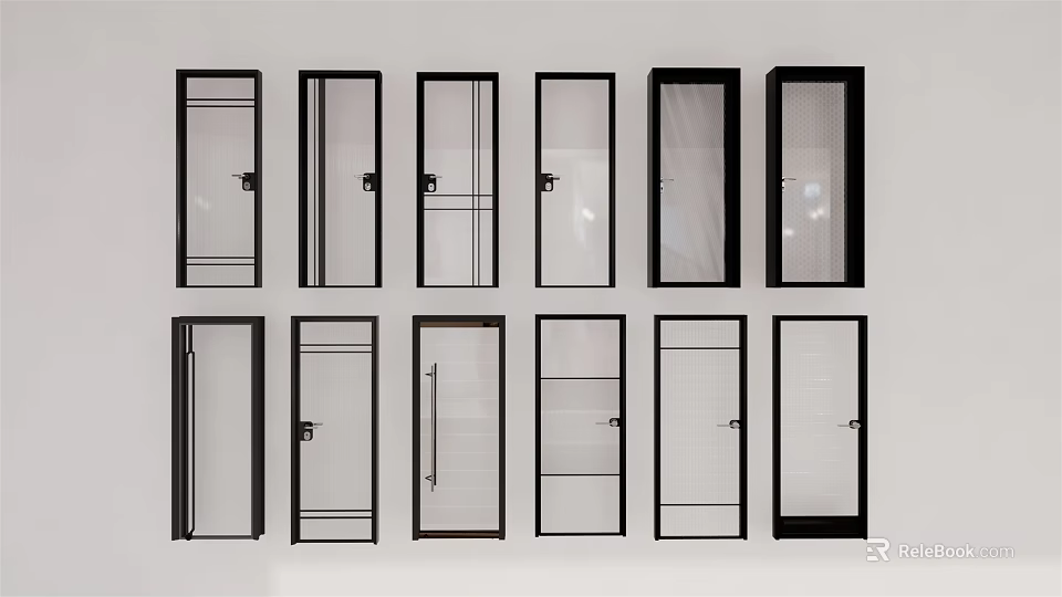 Various Modern Glass Door Designs With Black Frames And Different Patterns 3d model 