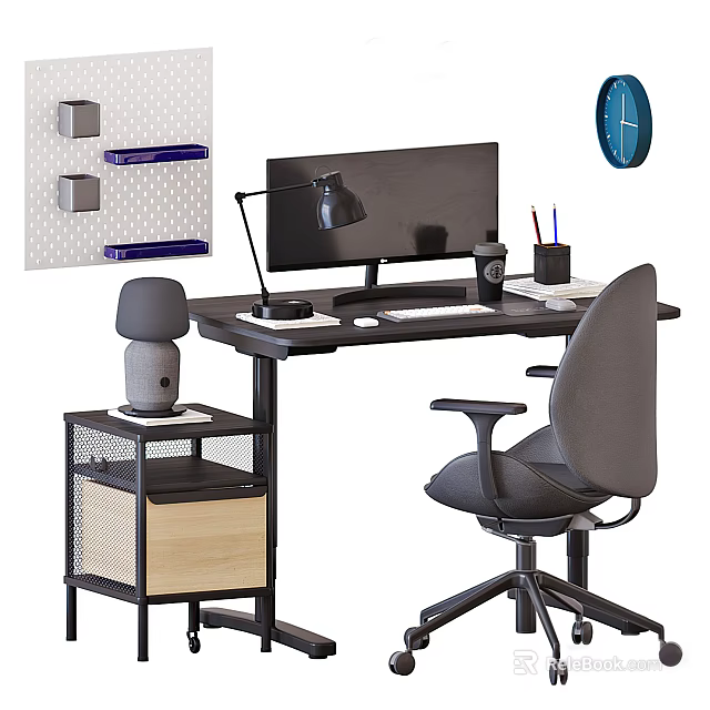 Modern Office Desk With Monitor Lamp Pen Holder Notebook Gray Chair And Side Cabinet 3d model 