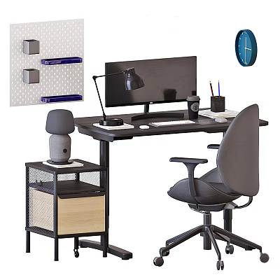 Modern Office Desk With Monitor Lamp Pen Holder Notebook Gray Chair And Side Cabinet 3d model