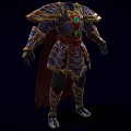 Game and Movie Character Wearing Ornate Golden Accented Armor With Chest Gemstone and Red Cape