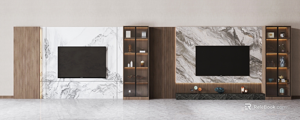 Modern TV Wall Design With Marble Texture Wooden Panels And Storage Shelves 3d model 
