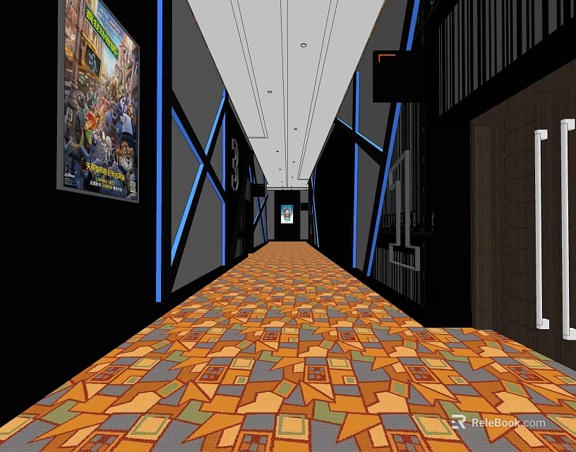 Modern Elevator Hallway With Colorful Geometric Carpet Black Walls Blue Accent Lines And Posters 3d model 