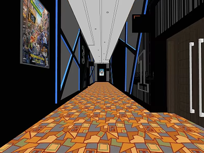 Modern Elevator Hallway With Colorful Geometric Carpet Black Walls Blue Accent Lines And Posters 3d model