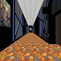 Modern Elevator Hallway With Colorful Geometric Carpet Black Walls Blue Accent Lines And Posters
