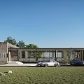 Modern Detached Villa Architectural Design With Glass Facade Landscaped Lawn And Parking Area