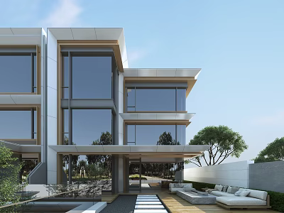 Modern Townhouse Design with Large Glass Windows Multi Storey Outdoor Greenery and Clear Sky 3d model
