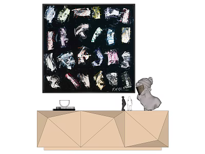 Abstract Painting in Black Frame on Geometric Cabinet with Koala Figurine and Small Decorations 3d model