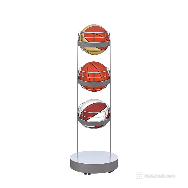 Basketball Gym Interior with Multi Tiered Stand Holding Three Colorful Basketballs 3d model 