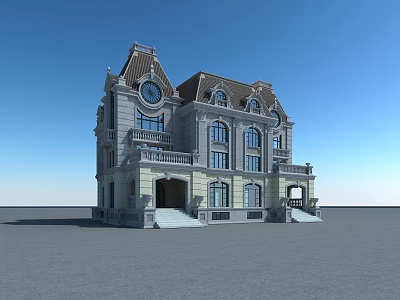 European Style Detached Villa with Clock Roof Balcony Steps and Symmetrical Design 3d model