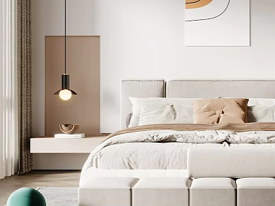 Minimalist Modern Bedroom With Neutral Tones Upholstered Headboard Pendant Light And Abstract Painting 3d model
