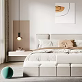 Minimalist Modern Bedroom With Neutral Tones Upholstered Headboard Pendant Light And Abstract Painting