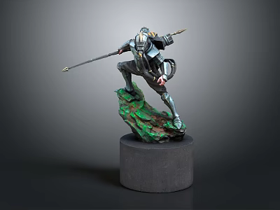 Armored Warrior Decorative Figurine Holding Spear On Green Base With Gray Cylindrical Stand 3d model