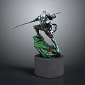 Armored Warrior Decorative Figurine Holding Spear On Green Base With Gray Cylindrical Stand