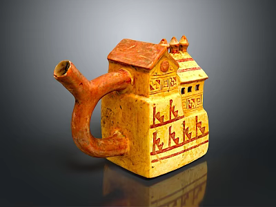 House Shaped Ceramic Sculpture With Yellow Body Red Roof Curved Spout And Decorative Patterns 3d model