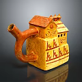 House Shaped Ceramic Sculpture With Yellow Body Red Roof Curved Spout And Decorative Patterns