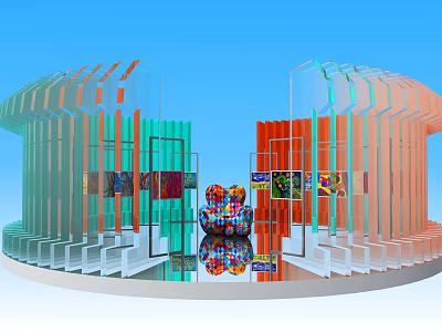 Colorful Modern Architectural Structure With Transparent Panels Art Installation Under Blue Sky 3d model