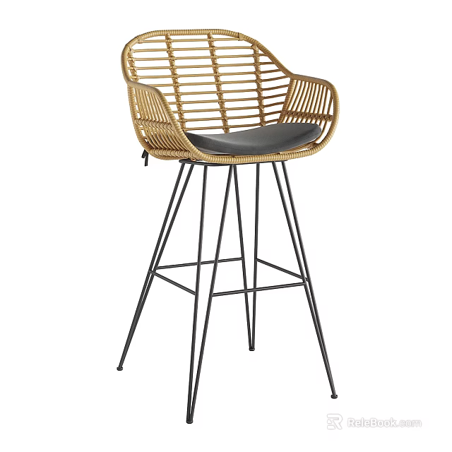 Modern Wicker Bar Stool With Armrest Black Seat And Metal Frame 3d model 