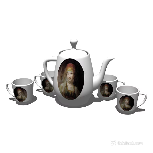 Elegant Classical Portrait Ceramic Tea Set with Teapot and Matching Teacups 3d model 