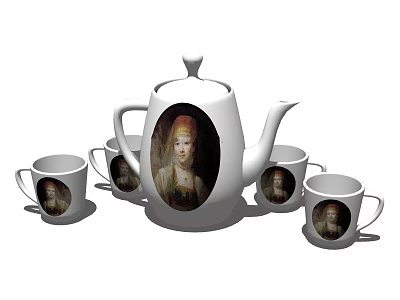 Elegant Classical Portrait Ceramic Tea Set with Teapot and Matching Teacups 3d model