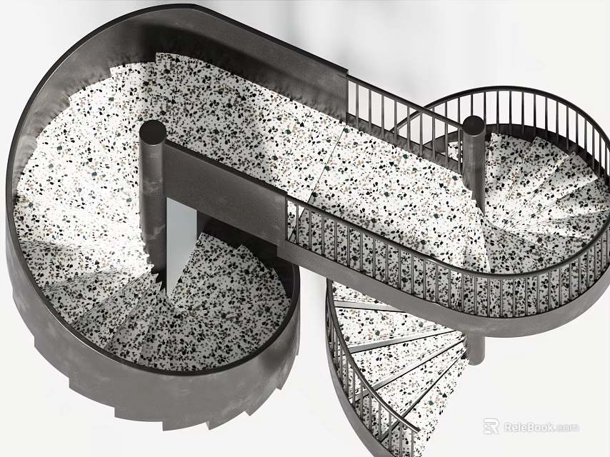 Modern Spiral Staircase Structural Design With Black Railings And Terrazzo Speckled Steps 3d model 
