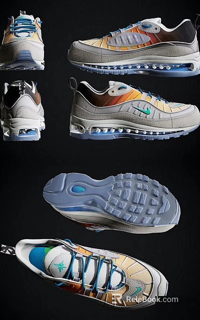 Gray Athletic Sneakers With Colorful Stripes Air Cushion And Textured Sole Design 3d model 